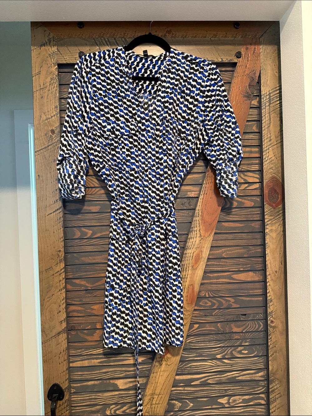 Blue, Black & White Print Shirt Dress with Tie Waist